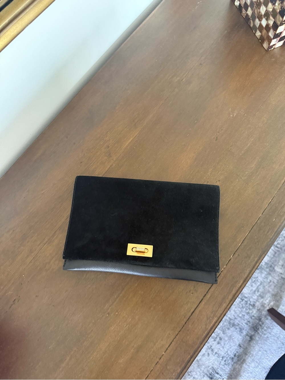 Tory Burch Black Suede Envelope Small Purse with Gold Turn-Lock
